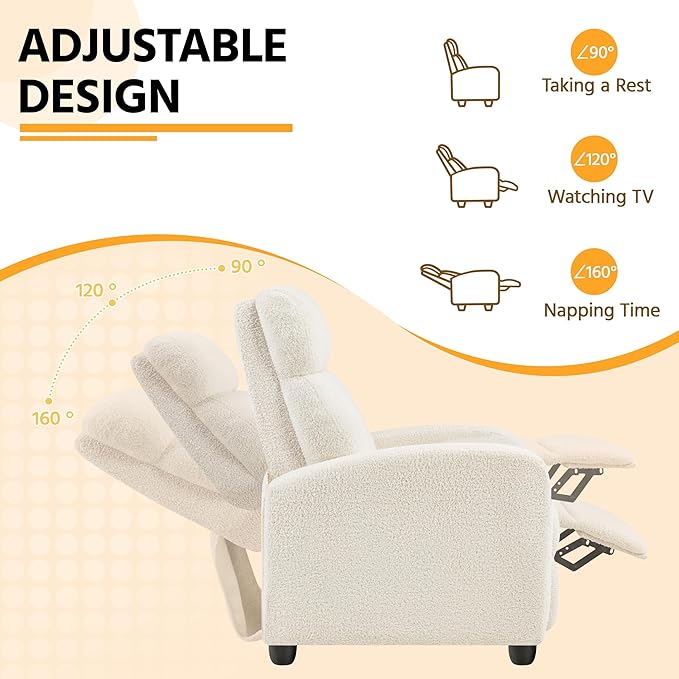 Yaheetech Fabric Recliner Chair Single Sofa Home Theater Seatting Adjustable Modern Single Reclining Chair for Living Room Bedroom Home Theater Ivory