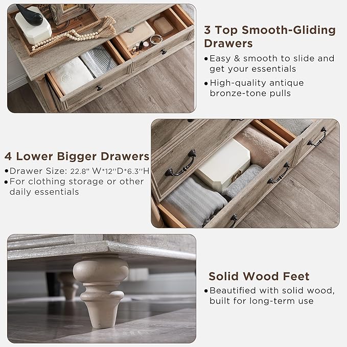 T4TREAM Farmhouse 7 Drawers Dresser Chests for Bedroom w/ 4 Solid Wood Feet & Column Decor, Tall Wide Wood Country Rustic Chest of Drawers, Storage Dressers for Bedroom, Living Room, Light Rustic Oak