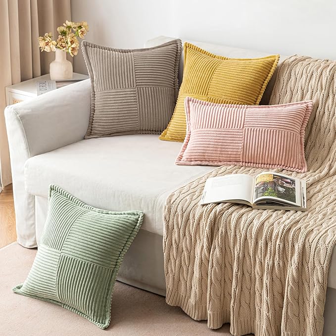 MIULEE Decorative Throw Pillow Covers for Couch Bed Livingroom 18x18 Inch Set of 2 Light Brown Boho Accent Throw Pllows Broadside Striped Patchwork Soft Corduroy Pillowcases