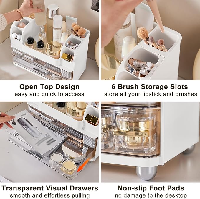 DASITON Large Capacity Makeup Organizer for Vanity with 2 Drawers, Skincare Organizers with Makeup Brush Holder, Cosmetic Display Case for Dresser Vanity Bathroom Countertop (White)