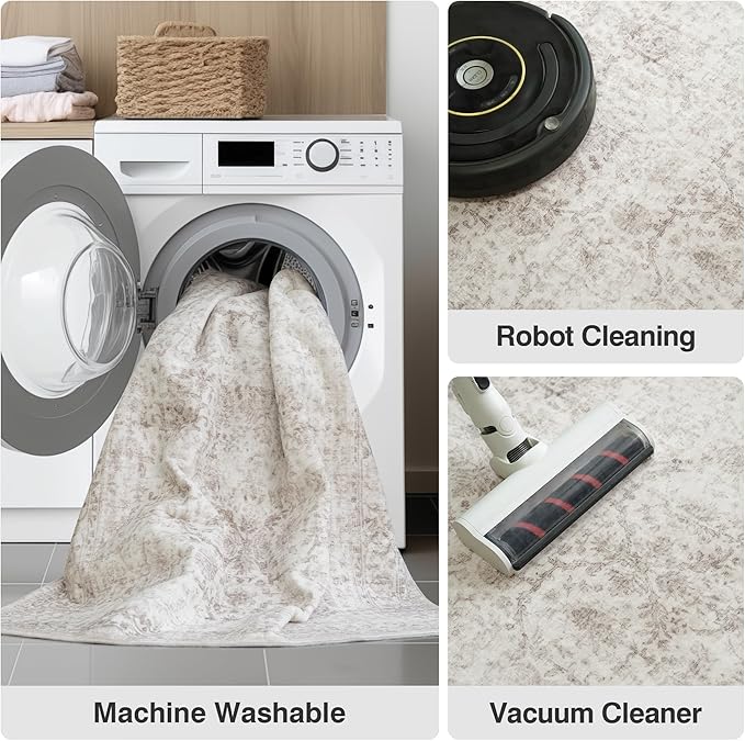 Fmfunctex 2x5 Washable Runner Rug Beige Vintage Neutral Distressed Non Slip Low Pile Indoor Carpet Soft Retro Floral Hallway Entryway Rug for Kitchen Living Room Bedroom Bathroom Laundry Entry Bedside