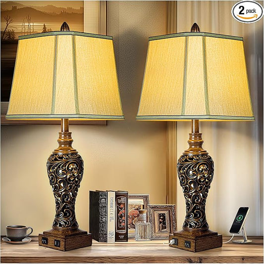 28.5'' Tall Farmhouse Vintage Table Lamp Set of 2 with Faux Silk Shade USB Ports Nightlight Decor for Bedside Living Room Bedroom Nightstands Office Home, Dark Bronze(Bulbs Included)