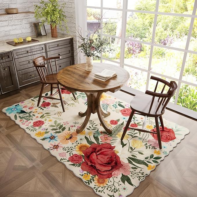 Washable Floral Area Rugs for Living Room, 5'x7' Beige Soft Non-Slip Bedroom Rug Stain Resistant Lightweight Boho Vintage Low-Pile Throw for Dining Room Office