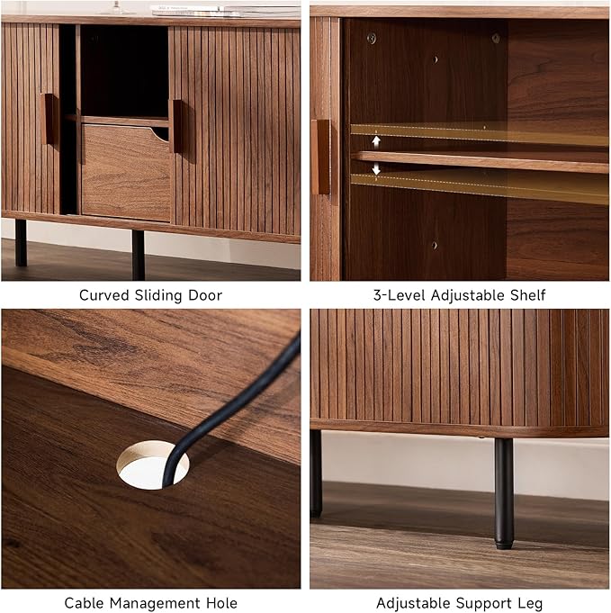 69" TV Stand with Power Outlet for TVs up to 80", Entertainment Center with Storage and Drawer, TV Console with Adjustable Shelves and Sliding Door, TV Stand for Living Room, Bedroom, Walnut