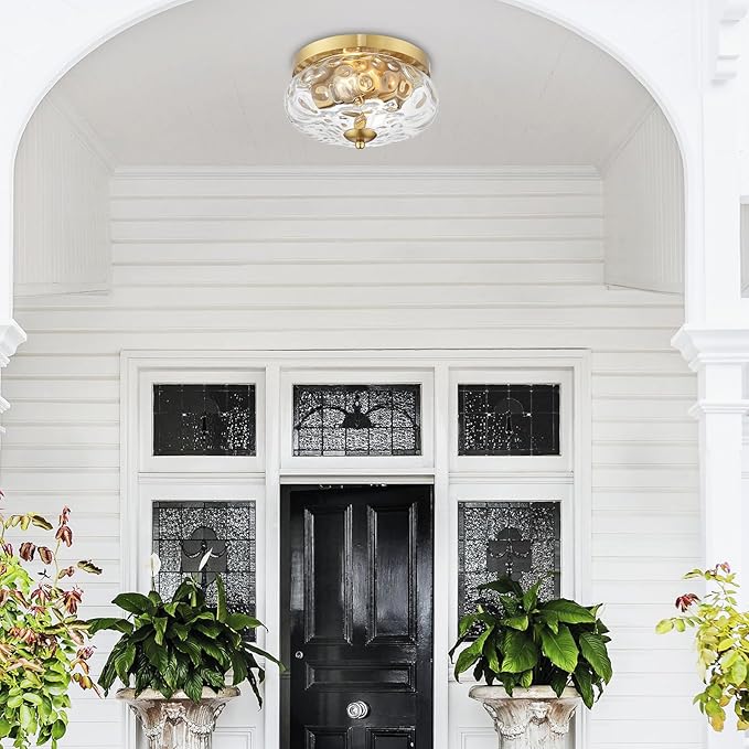 Darkaway Ceiling Light Fixtures Flush Mount Indoor Outdoor Ceiling Light with Water Ripple Glass Shade for Hallway Kitchen Bedroom Porch Living Room Gold Finish