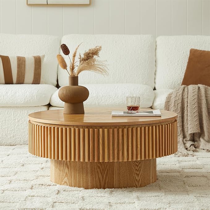 Round Coffee Table for Living Room,Fluted Drum Accent Tea Center Table with Storage,Circle Modern Coffee Tables for Small Space Office Apartment (31.5" L×31.5''W×14''H-Natural)