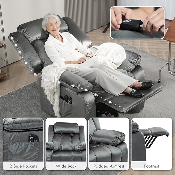 HOMCOM 35" Wide Back Power Lift Recliner Chair for Elderly with Massage and Heat, Electric Lift Chair with Remote Controllers, USB Ports and Side Pockets, Gray