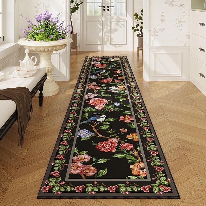 Runners for Kitchen Runner Rug 2'x10' Long Washable Rugs with Rubber Backing Non Slip Soft Floral Bird Magpies Animal Carpet Runner for Kitchen, Laundry, Bedroom, Bathroom (Black)