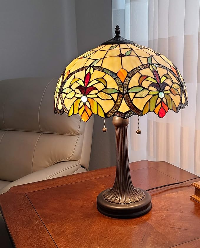 Tiffany Style Table Lamp Banker 23" Tall Stained Glass Green Tan Orange Yellow Floral Flower Vintage Antique Light Décor Living Room Bedroom Handmade Gift AM313TL16B Amora Lighting