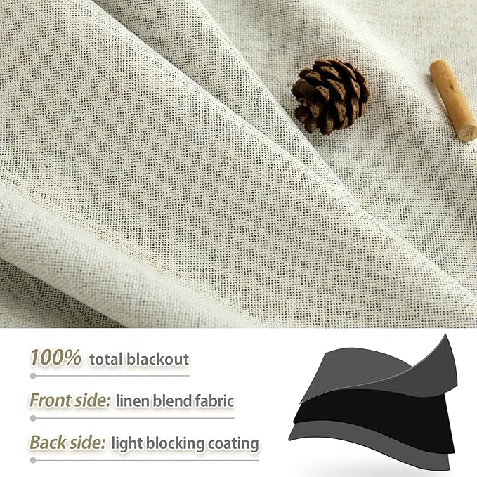 Linen 100% Blackout Curtains 102 Inche Length 2 Panels Set, Rod Pocket/Back Tab/Clip Rings, Thermal Insulated Floor to Ceiling Drapes for Living Room Drapes Room Darkening Window Curtains Natural
