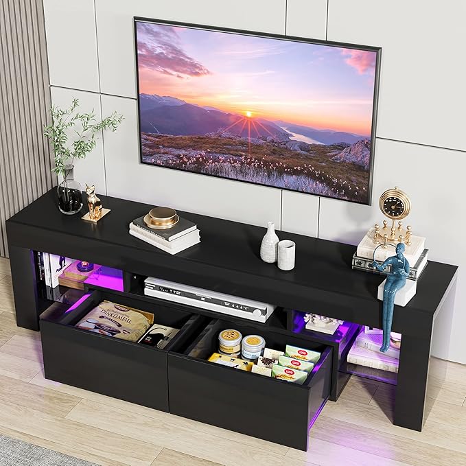 JUMMICO TV Stand, Modern Lighting TV Cabinet Entertainment Center Media and Open Shelf, TV Console Table with 1 Drawer and Remote Control, 20 Color LED Lights up to 70 Inch TV (Black)
