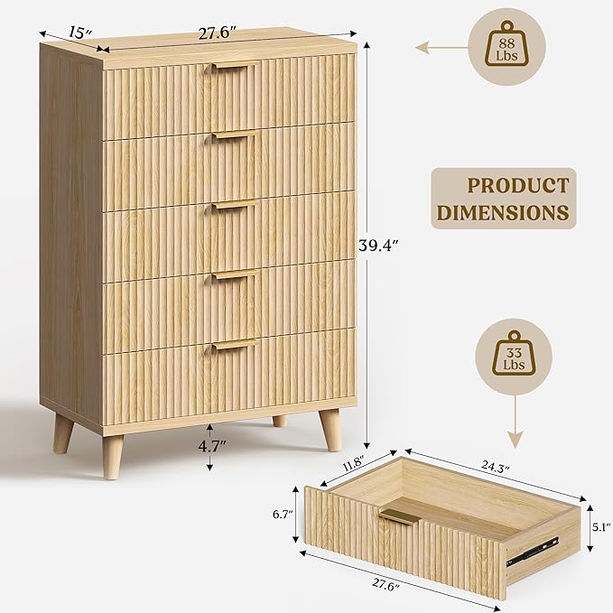 Lulive Dresser for Bedroom Wood Tall Dressers Drawers, Fluted Modern Dresser 5 Drawers Natural