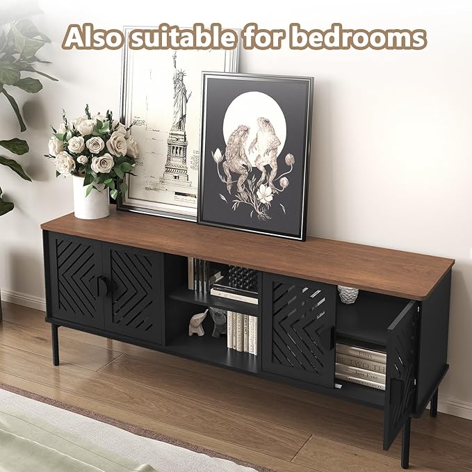 ARTPOWER 63" Modern TV Stands for Living Room, Long Entertainment Center with Storage, TV Console for 55 60 65 70 Inch TV, Bedroom TV Cabinet with Doors, Wood Media Console, Television Stand, Black