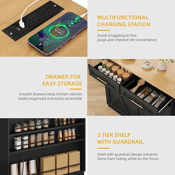 DWVO Kitchen Island with Drop Leaf, 40 Inch Double Tilt Out Trash Can Storage Cabinet with Power Outlet, Mobile Storage Islands on Wheels, Fit Two 10-Gal Garbage Bin, for Kitchen Dining Room, Black