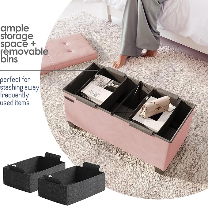 STORAGEBUD Storage Ottoman Bench with Bins, 30-in Storage Bench for Bedroom End of Bed, Folding Foot Rest Ottoman for Living Room Max 660lbs, Faux Leather Ottomans, Pink