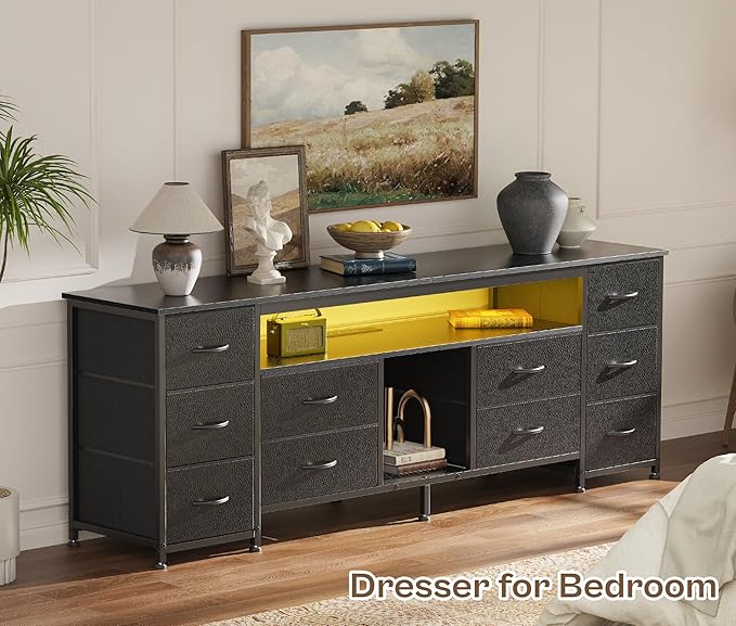 Huuger 63 Inch LED TV Stand Dresser with Power Outlets, USB-C Port and LED Lights, 10 Fabric Drawer Dresser for Bedroom, Long Entertainment Center for 65, 70 Inch TV, Open Shelves, PU Leather, Black