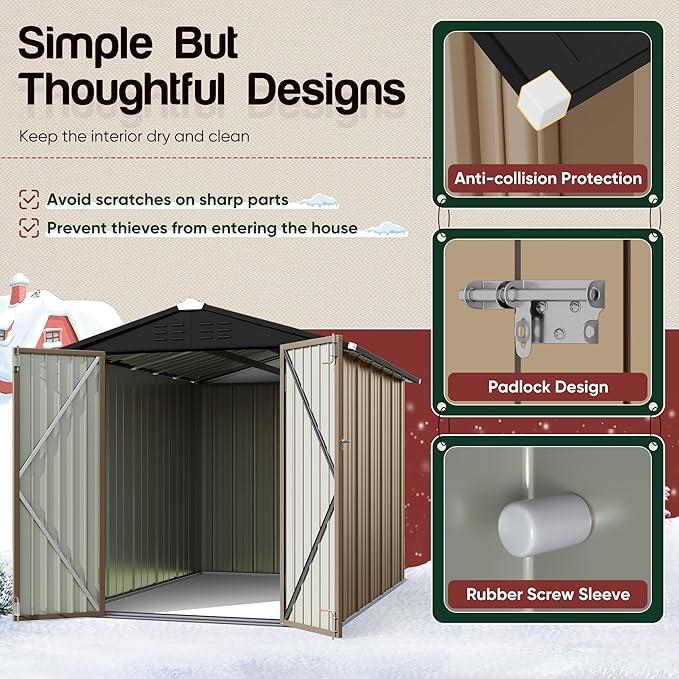 GUNJI 6 x 4 FT Shed Outdoor Storage Shed Metal Garden Shed with Lockable Door Outside Waterproof Tool Shed for Backyard, Patio, Lawn (Brown)