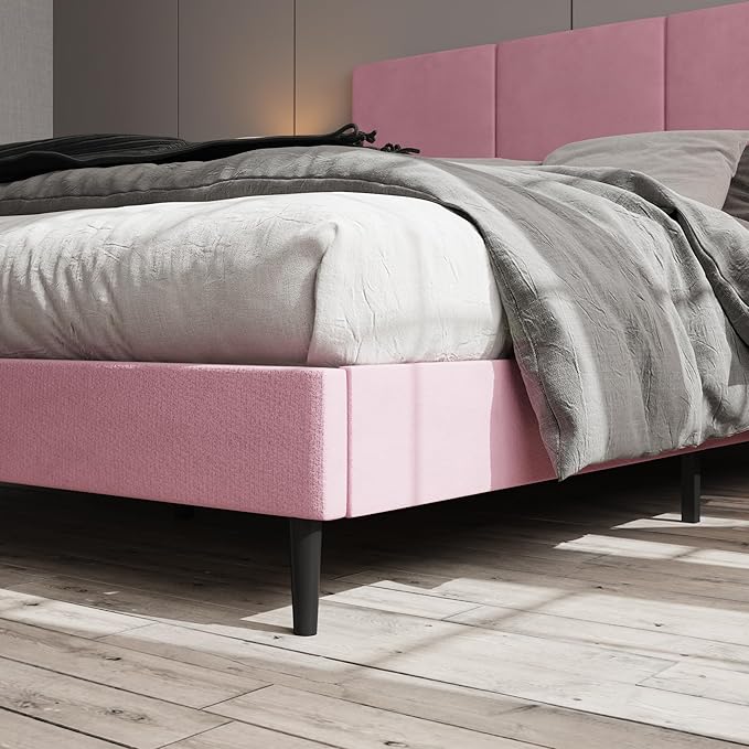 Full Size Bed Frame with Headboard, Vertical Channel Tufted Heavy Duty Full Size Bed Frame, No Box Spring Needed, Easy Assembly, Metal Platform Bed Frame, Pink