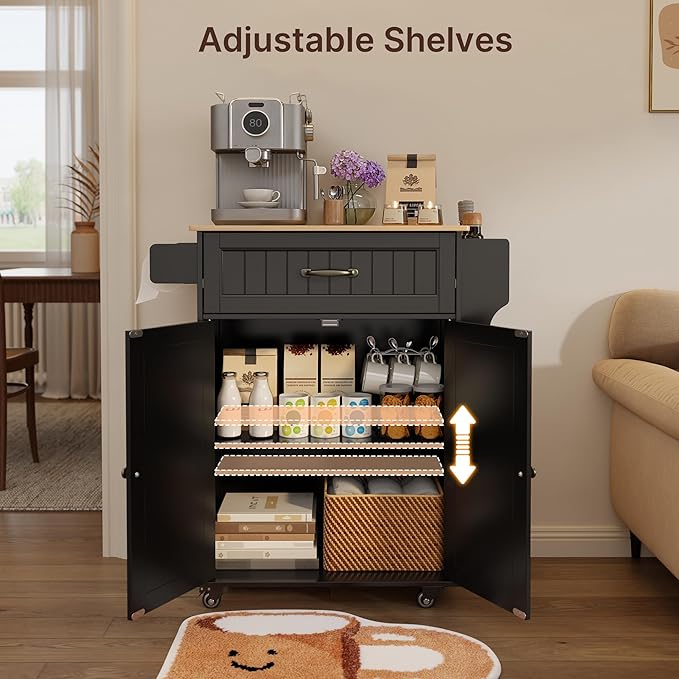 Gizoon Kitchen Island Cart with Rubberwood Top, 33" W Rolling Kitchen Island on Wheels with Adjustable Shelf, Drawer, Spice Rack, Towel Bar, Mobile Storage Cabinet for Dining Room, Home Bar, Black