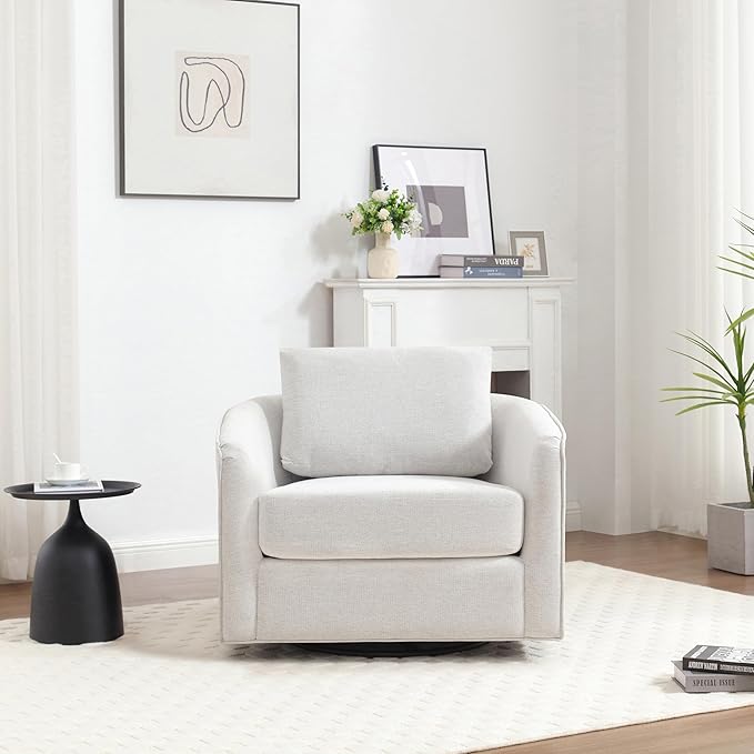 MINCETA Accent Chairs,Oversized 360 Swivel Armchair(Seat Area:25.6" D x 26.8" W),Modern Comfy Reading Chairs for Living Room with Metal Base,Performance Fabric in Off-White