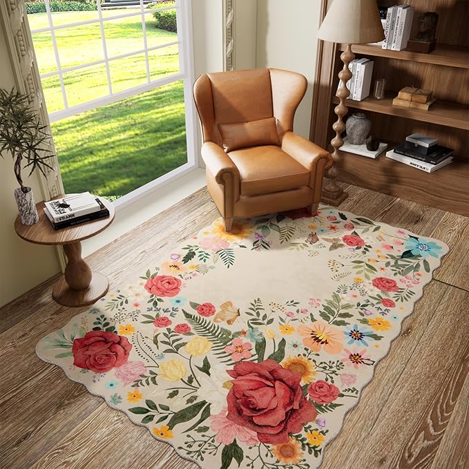 Washable Floral Rugs, 4'x6‘ Beige Area Rugs for Living Room Dining Room, Non Slip Lightweight Low-Pile Stain Resistant Boho Vintage Throw Carpet for ‎Office Entryway