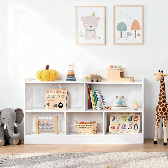 5-Section Wooden Toy Shelf for Kids, Montessori Shelf Storage with Open Shelving & Customizable Layout | Safe, Sturdy Design for Kids Room, Classroom & Playroom White