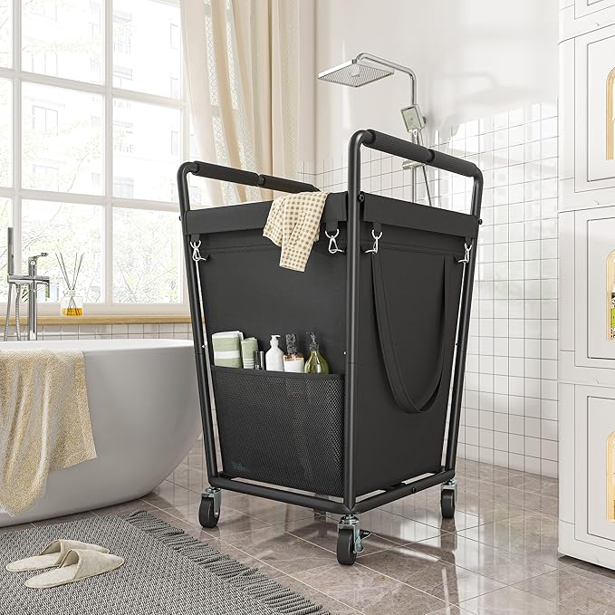 Laundry Basket with Wheels & Handles, 180L Laundry Cart with Removable Bag & Metal Frame for Clothes Storage, Laundry Room Organization Rolling Hamper with Wheels For Laundry, Dorm (Black)