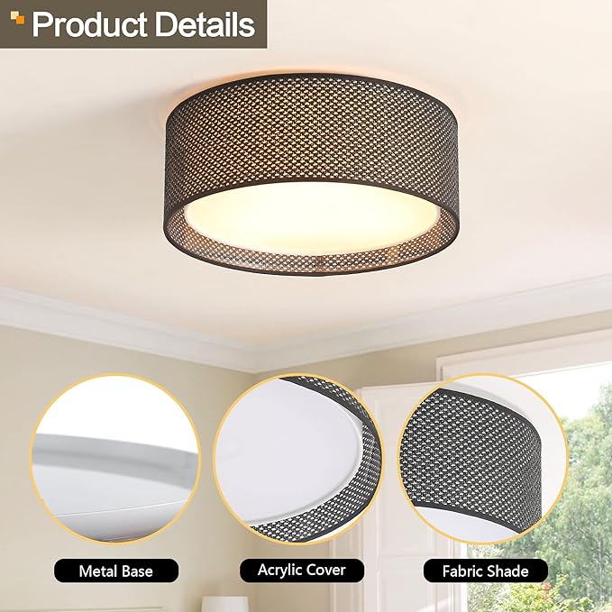 WINGBO 15.7" Modern 3-Light Flush Mount Ceiling Light Fixture with Fabric & Acrylic Double Drum Shade for Bedroom Living Room Dining Room Hallway Entryway, Black
