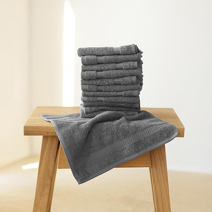 SALBAKOS 100% Turkish Cotton Washcloth Set of 12 13x13 inch | Heirloom Quality | Hotel & Spa Collection | Ultra Soft, Super Absorbent, Washcloth Towels | Made in Turkey (Gray, 12 Washcloths)
