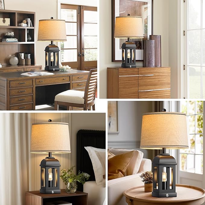 QiMH Table Lamp for Living Room, Farmhouse Lamps Set of 2 with USB A+C and Nightlight, 26" Rustic Bedside Lamps with 3-Way Dimmable Touch Control, Nightstand Lamp for Bedroom Decor, Black