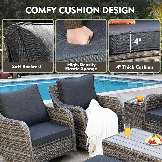 Outdoor Patio Furniture Set with Swivel Chairs, 7 Pieces Wicker Rattan Sofa Couch with Loveseat, Patio Conversation Set with Rocker Patio Chair, 2 Ottomans and Coffee Table (Grey)
