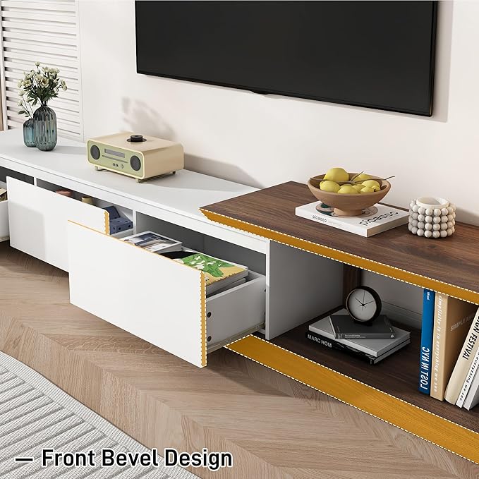 Extendable TV Stand with 3 Drawers, Modern Minimalist Entertainment Center, Reversible Long TV Media Console, Bevel Design, 82-107.3 Inch, White & Walnut