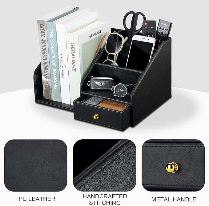 KINGFOM PU Leather Desk Organizer, Multifunction 6 Compartment Desk Organizers and Accessories for Office Supplies, Pen Pencil Holder/Book Mail Organizer Holder for Desk with Drawer(Black)