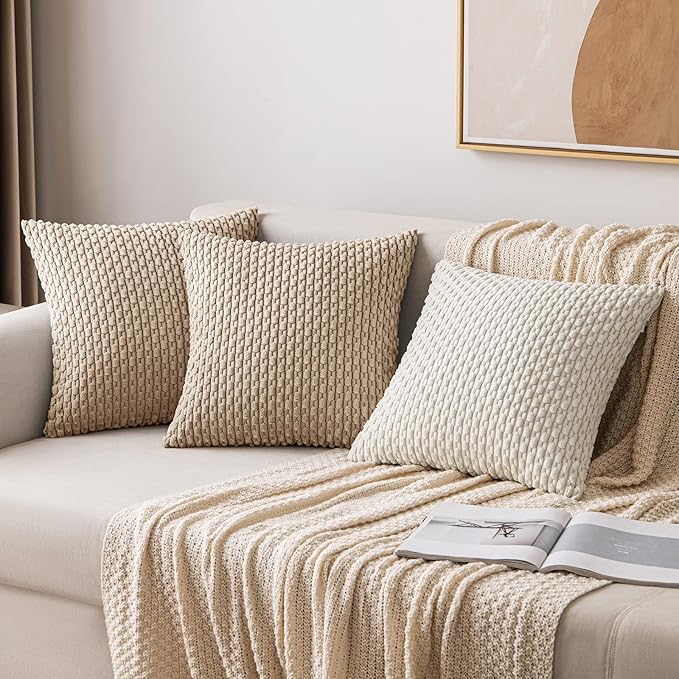 MIULEE Throw Pillow Covers Soft Corduroy Decorative Set of 2 Boho Striped Pillow Covers Pillowcases Farmhouse Home Decor for Couch Bed Sofa Living Room 16x16 Inch Tan