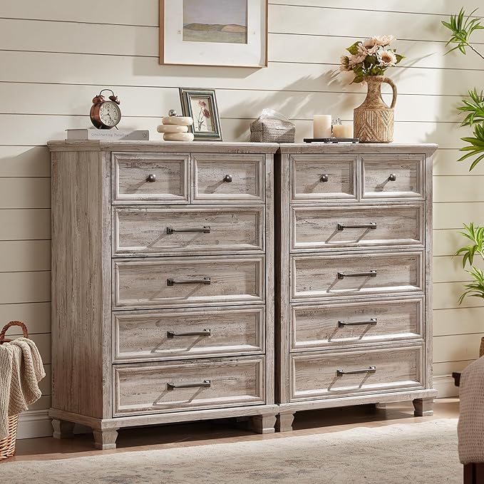 Farmhouse 6 Drawer Dresser for Bedroom, 45 Inch Tall Vintage Wood Chest of Drawers, Rustic Dressers w/Square Wooden Legs, Mid-Century Storage Organizer for Living Room, Hallway, Grey