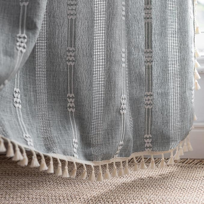 Boho Embroidery Striped Farmhouse Curtains - 96 Inch Long, 2 Panel Set, Blue Linen, Tassel, Semi-Blackout, Living Room (52" W x 96" L)