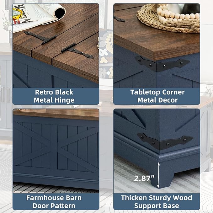 Farmhouse Coffee Table Sets 2 Pieces, Large End Side Tables with Charging Station and Coffee Table with Hidden Storage Compartment, Black Living Room Table Set, Wood Furniture Sets for Home Office