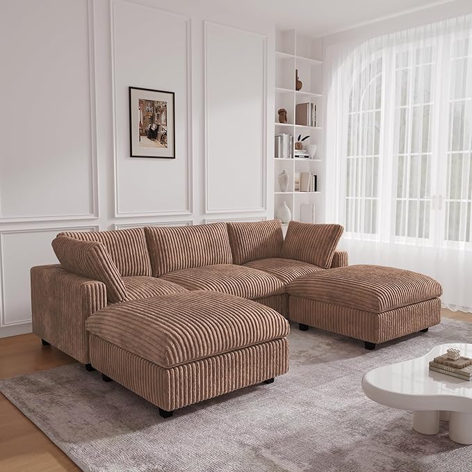 JACH 118" U Shape Modular Sofa for Living Room, Convertable Sectional Couch with Chaise Ottomans, Modern Deep Seat Sofas, Sofa Covers Washable, Minimalist Plush Couch for Living Room, Apartment, Brown