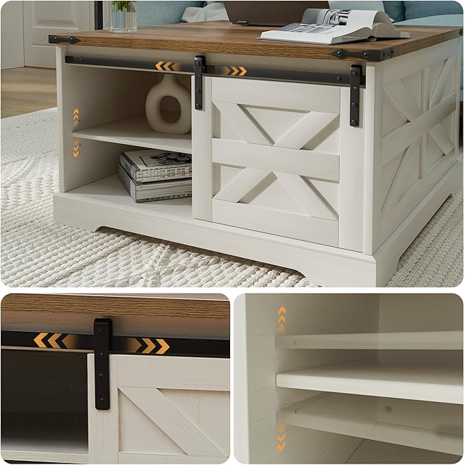 Farmhouse Coffee Table with Flip-Top Lid Rustic Wood Storage Center Table with Hidden Compartment and Sliding Barn Doors Square Cocktail Table for Living Room, Rustic White