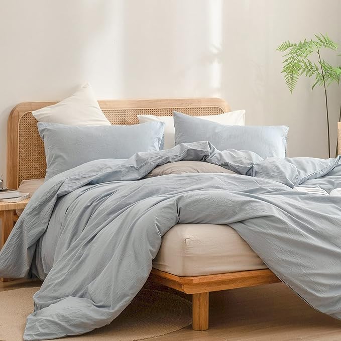 BESTOUCH Duvet Cover Set 100% Washed Cotton Linen Feel Super Soft Comfortable Chic Lightweight 3 PCs Home Bedding Set Solid Cornflower Blue Super Queen