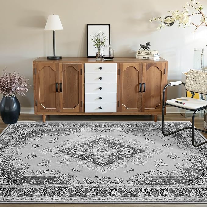 Vintage Area Rug 5x8 Rugs, Machine Washable Vintage Area Rug Non-Slip Low Pile Large Rug for Living Room, Bedroom, Farmhouse, Dining Room, Grey