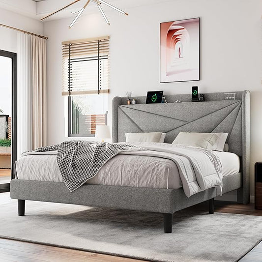 Full Size Upholstered Bed Frame with Charging Station, Platform Bed Frame with Storage Headboard, Solid Wood Slats Support, No Box Spring Needed, Light Gray