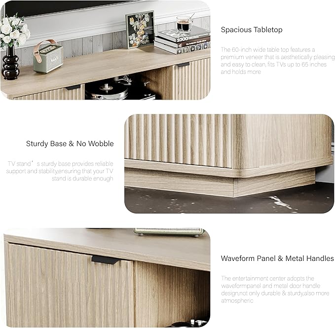 60'' Fluted TV Stand, Console Table, Mid Century Modern Curved TV Stands with Water Wave Shaped Door, Entertainment Center with Metal Handle, Living Room (Cream Yellow Wood Grain)