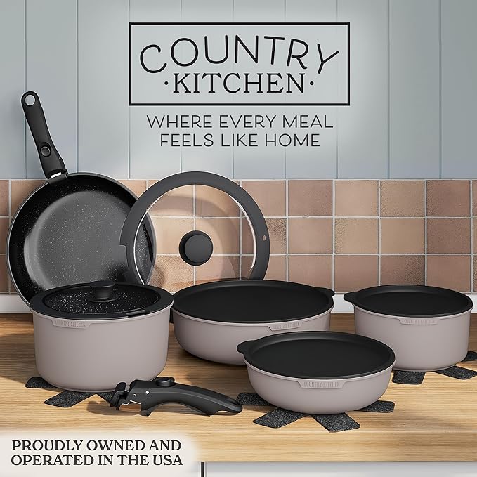 Country Kitchen Cookware Set with Removable Handle, Oven & RV Safe Pots and Pans Set, Grey/Black, Original