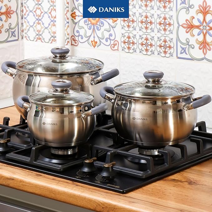 Daniks Modern 6-Piece Stainless Steel Induction Cookware Set – Dishwasher Safe Pots with Heatproof Handles, Glass Lids, Silver