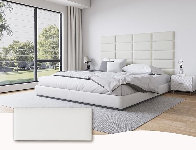 Leather White Upholstered Queen Size Headboard, 12 Panels Peel and Stick Wall Bed Panels, Tufted Decorative Backboard for Modern Bedrooms, 10"x24" Each, Leather - White