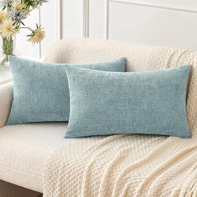 MIULEE Pack of 2 Light Blue Throw Pillow Covers 12x20 Inch Soft Chenille Pillow Covers for Sofa Living Room Couch Solid Dyed Cases