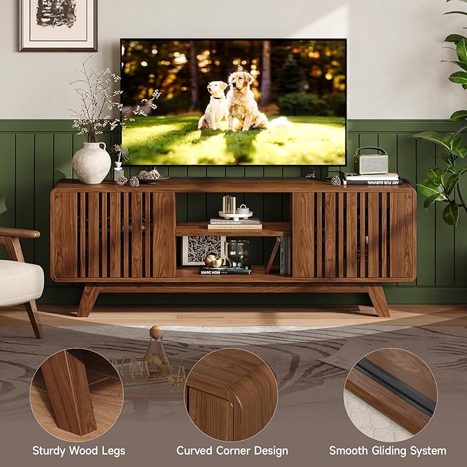 63-Inch TV Stand for TVs up to 75 Inch, Mid-Century Modern Television Stand with Power Outlet， Entertainment Center with Sliding Grille Door Cabinets and Open Shelves for Living Room, Walnut
