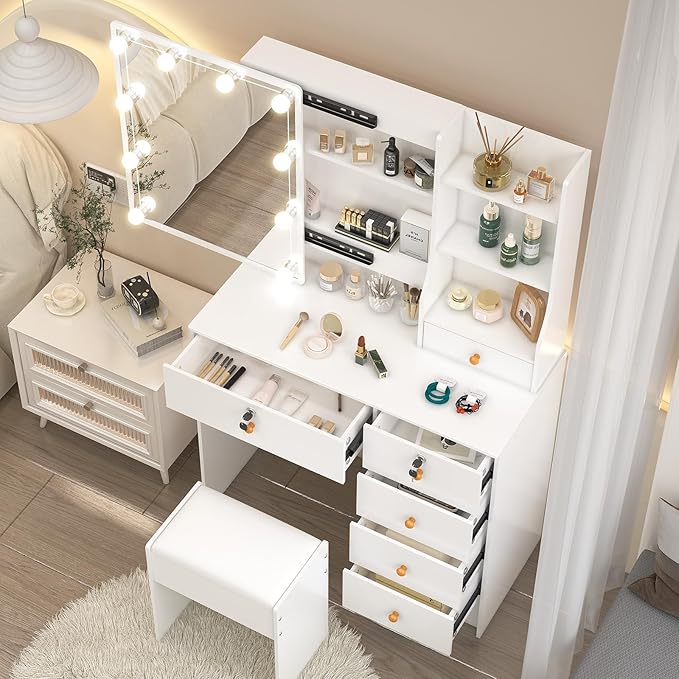 Small Makeup Vanity Desk with Lights and Slidind Mirror, Vanity Table Set with Chair, Lighted Dressing Table with 3 Adjustable Light Modes, 6 Drawers, 6 Shelves, White Vanity Desk for Women