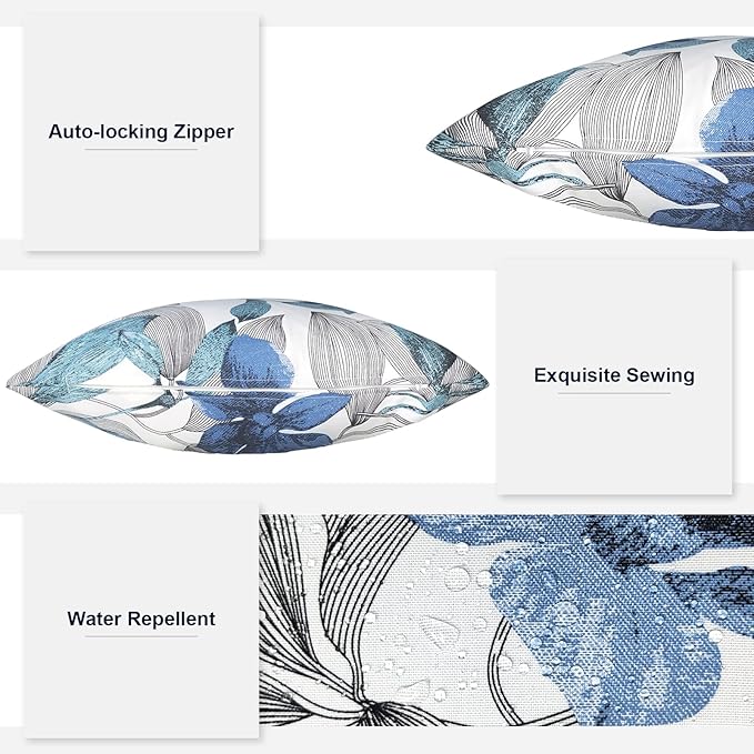 Patio Throw Pillows with Inners, Fade Resistant Square Pillow Pack of 2, Decorative Garden Cushions for Home, 18x18 Inch,Clemens Blue